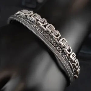 Floyd Steel & Cowhide Royal King Double Layer Chain Bracelet