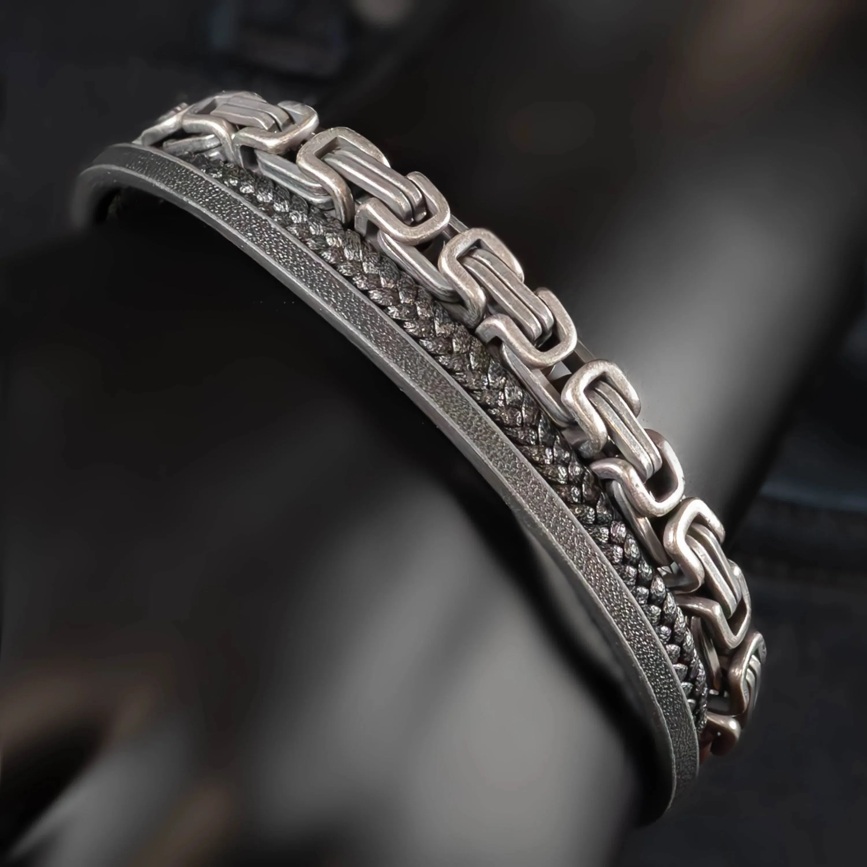 Floyd Steel & Cowhide Royal King Double Layer Chain Bracelet