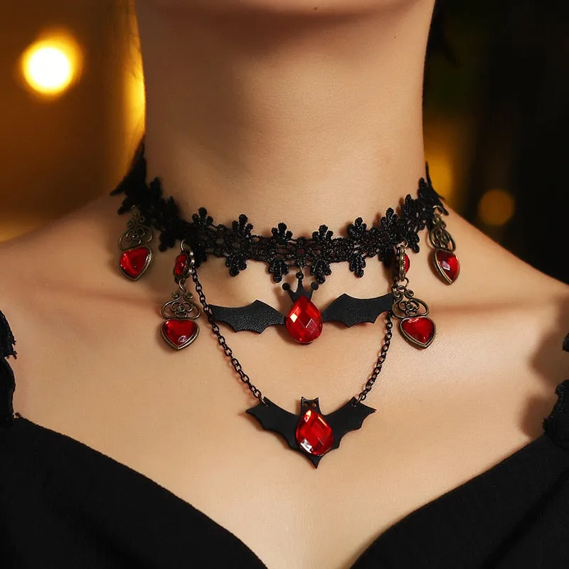 Flytonn Gothic Jewelry Red Bat Christmas Necklace Lace Choker Necklace For Women Nightmare Before Christmas Black Layered Necklace 2022