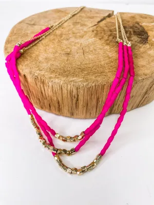 Fuchsia and Gold Triple Necklace