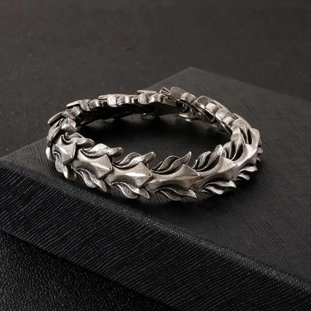 FZ 17mm Wide Dragon Chain Stainless Steel Ancient Silver Bracelet