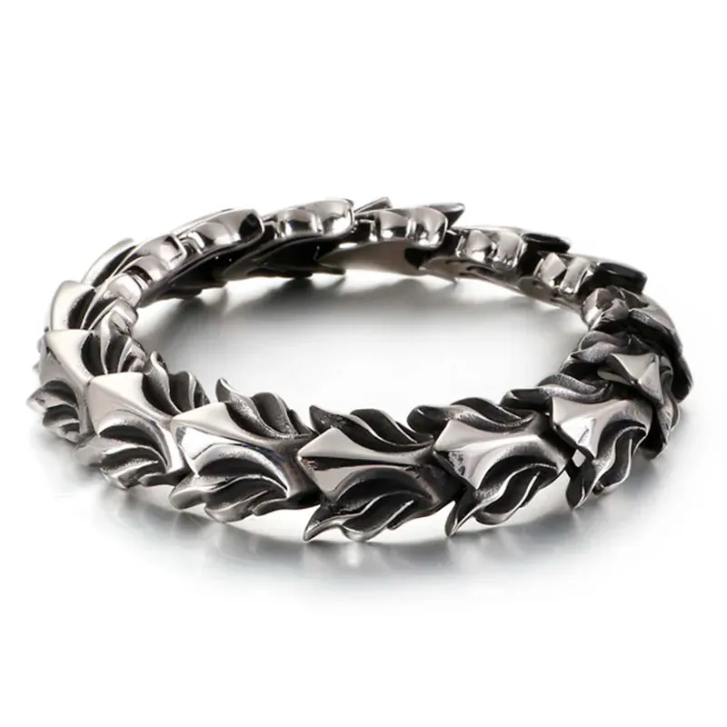 FZ 17mm Wide Dragon Chain Stainless Steel Ancient Silver Bracelet