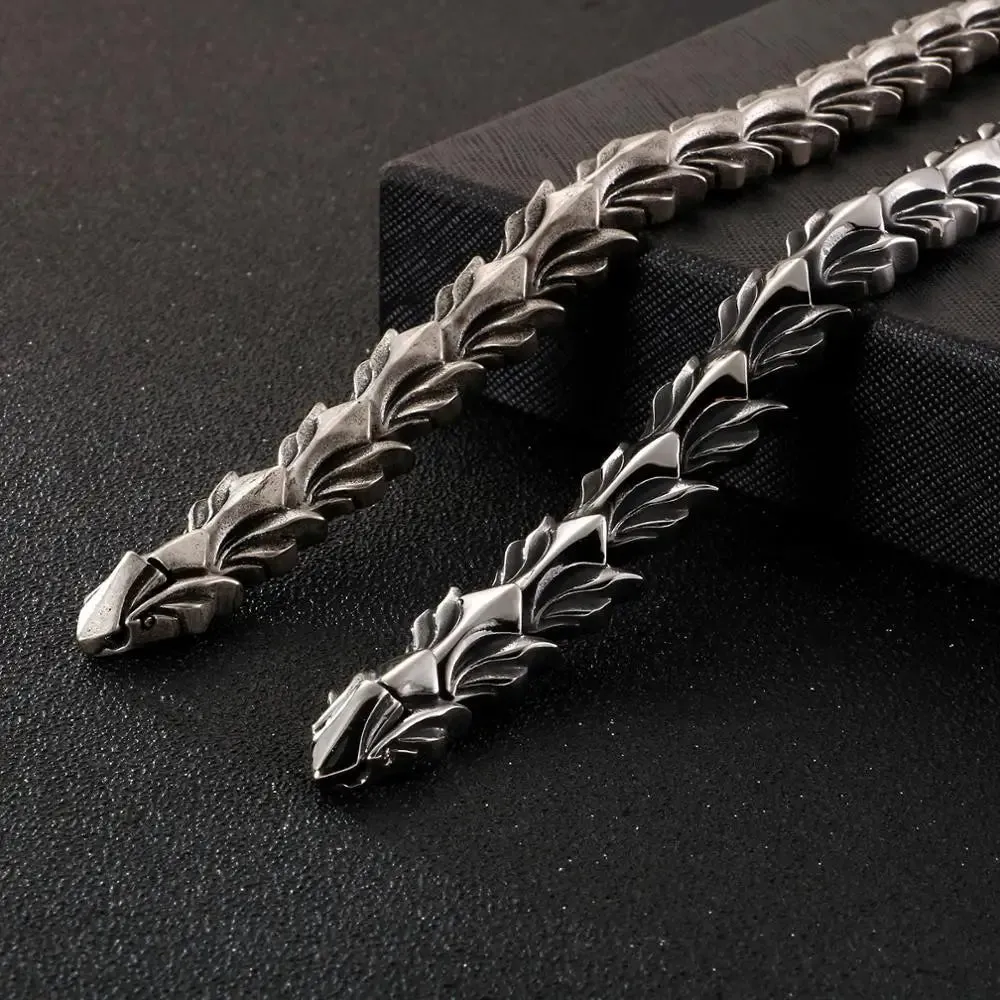 FZ 17mm Wide Dragon Chain Stainless Steel Ancient Silver Bracelet