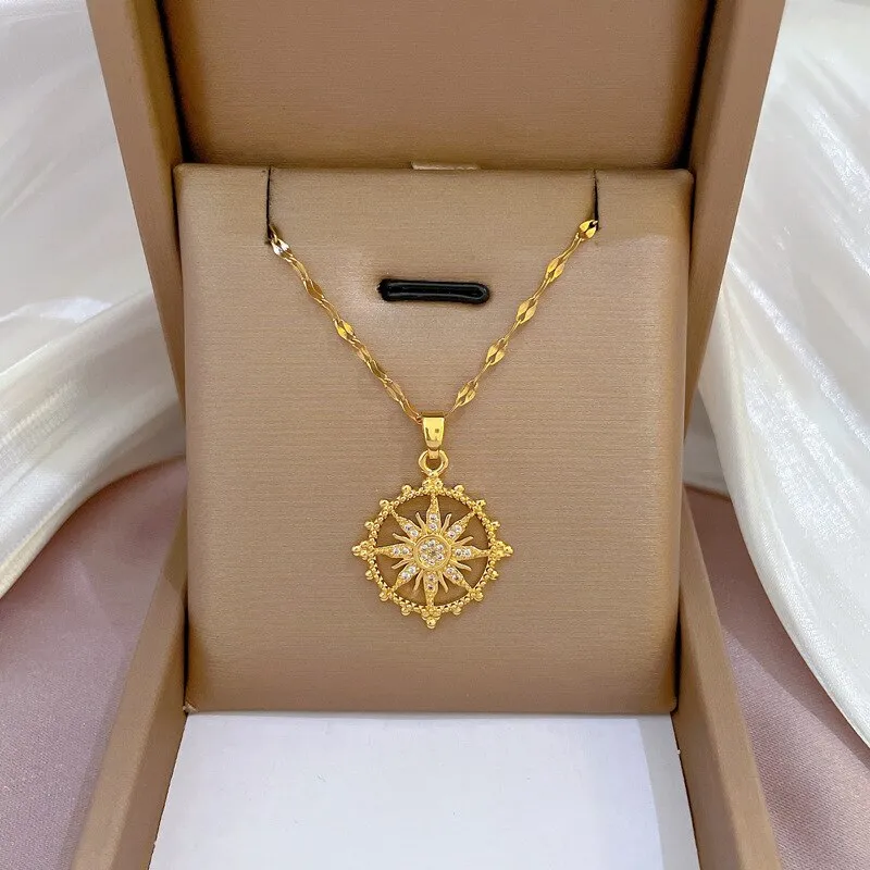 Gold Plated Light Luxury Micro-set Zircon The Light Of The Sun Disc Pendant Necklace