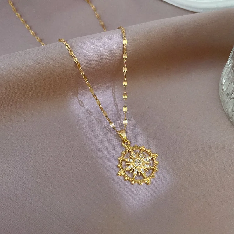 Gold Plated Light Luxury Micro-set Zircon The Light Of The Sun Disc Pendant Necklace