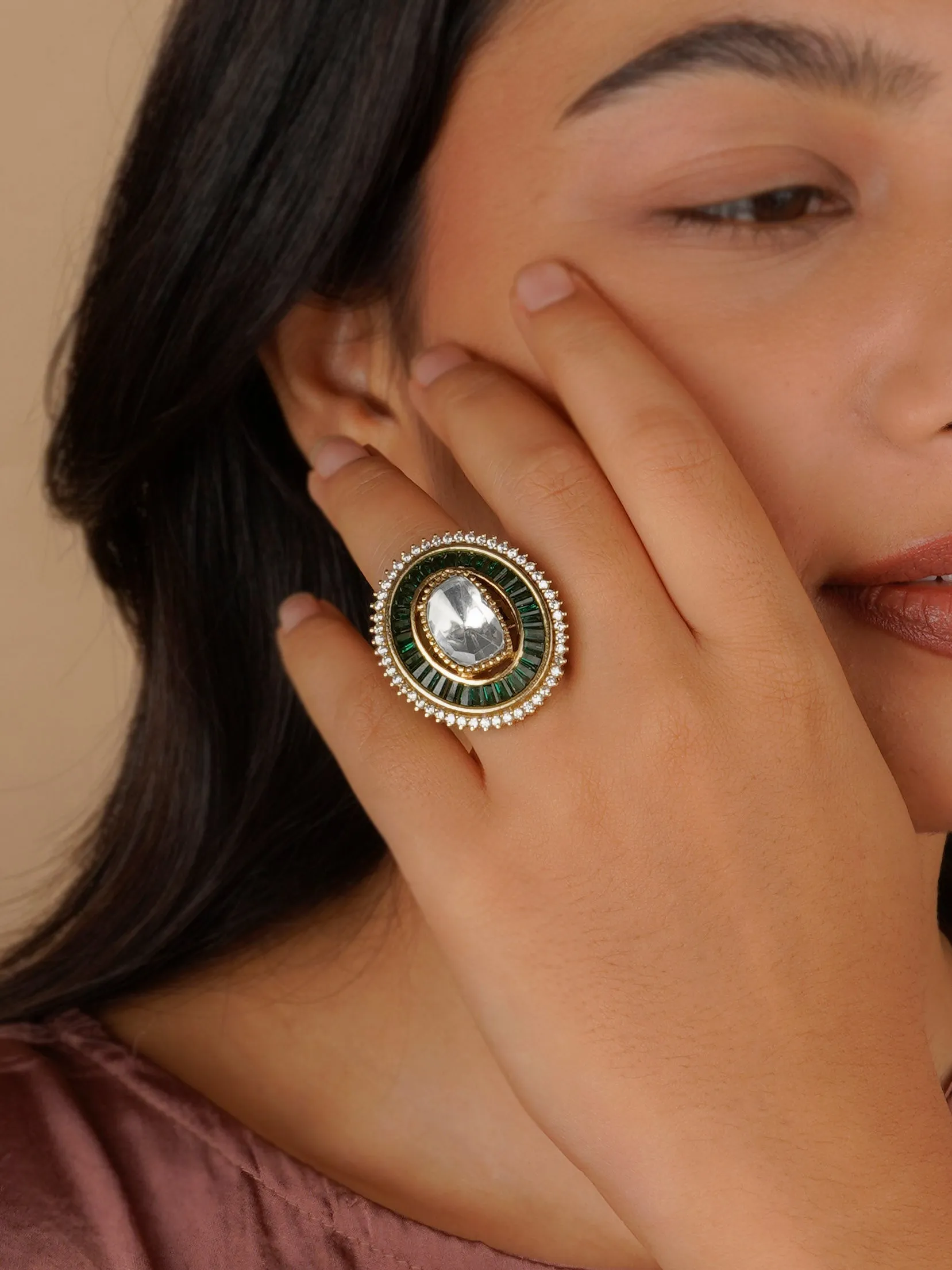 Green Color Gold Plated Contemporary Ring - CC-RNG3GR