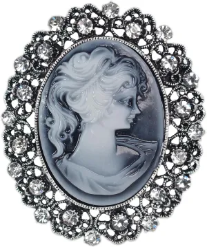 Gyn&Joy Vintage Inspired Antique Crystal Rhinestones Grey Gold Lady Cameo Pin Brooch