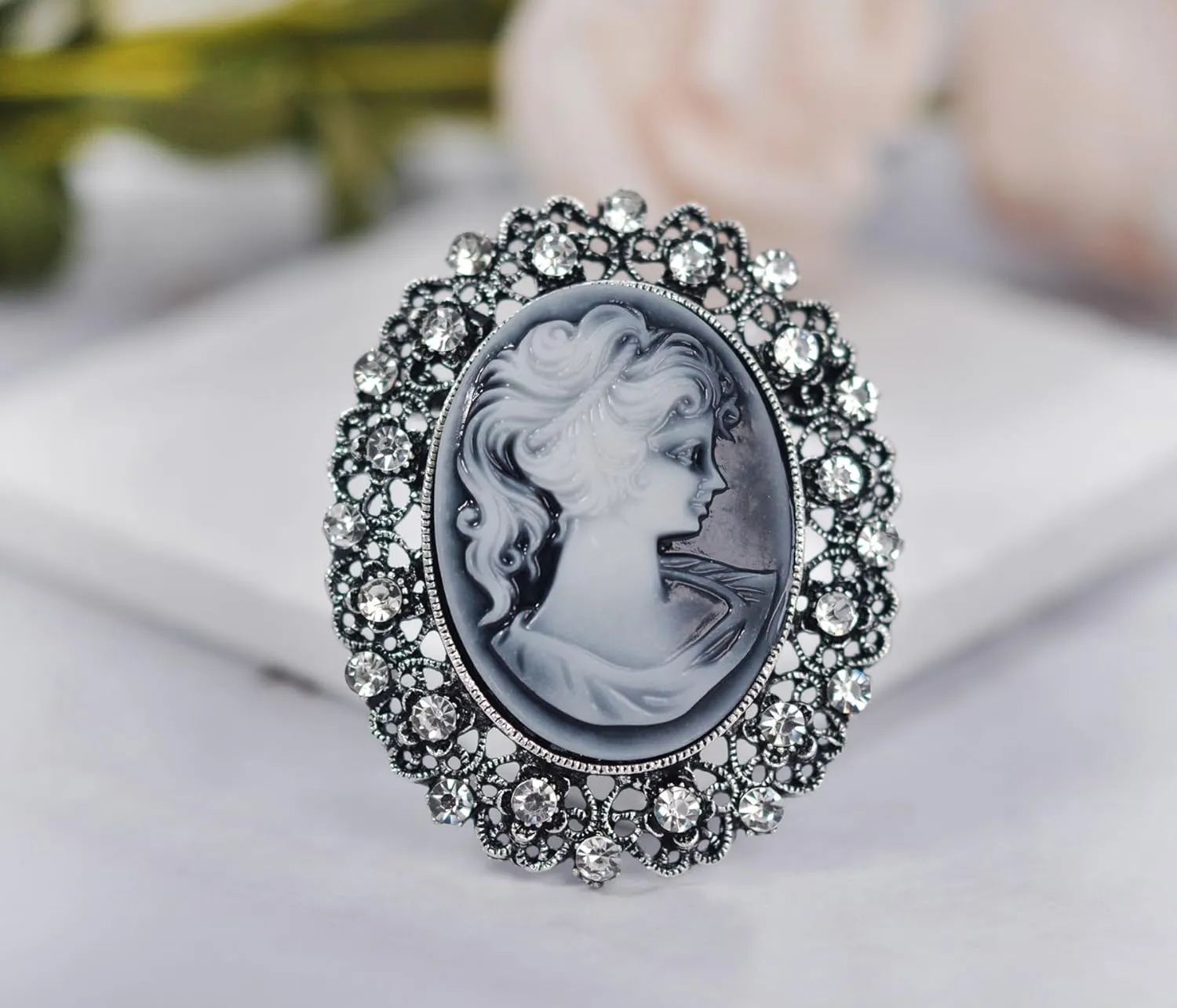 Gyn&Joy Vintage Inspired Antique Crystal Rhinestones Grey Gold Lady Cameo Pin Brooch