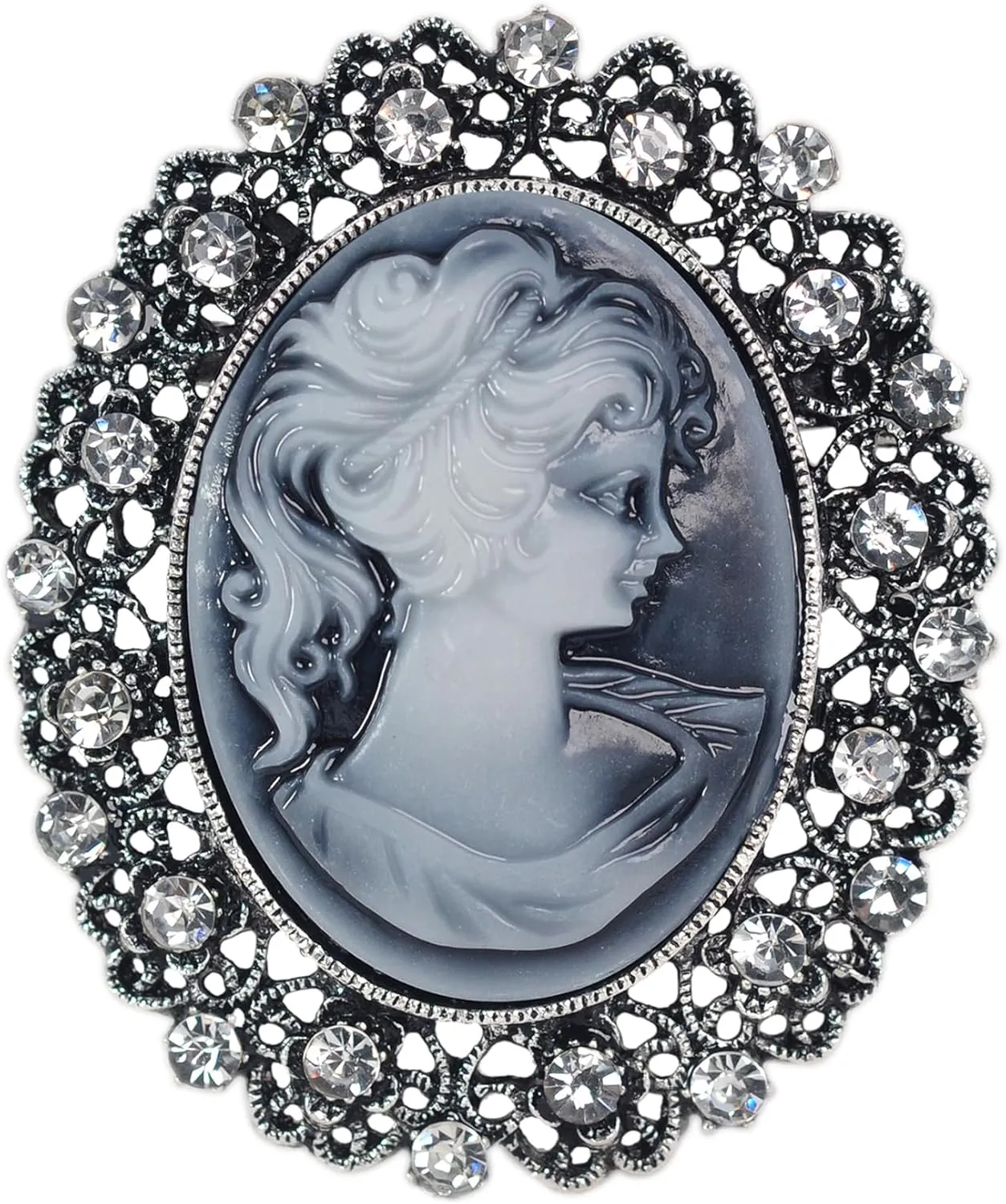 Gyn&Joy Vintage Inspired Antique Crystal Rhinestones Grey Gold Lady Cameo Pin Brooch