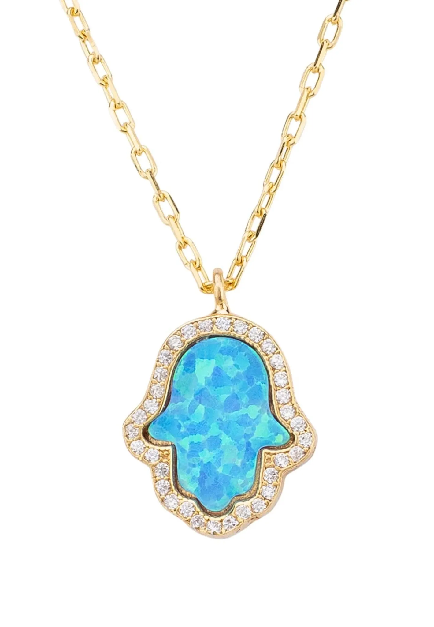 Hamsa Opalite Turquoise Blue Necklace Dipped in Gold