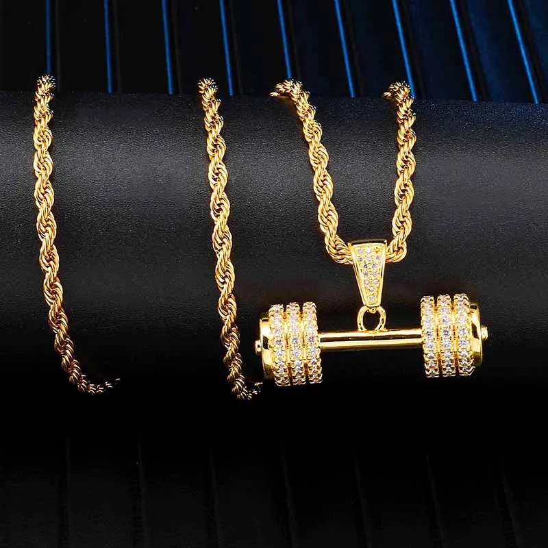 Hip Hop Iced Out Bling Rhinestone Rope Chain Barbell Gym Fitness Dumbbell Gold Color