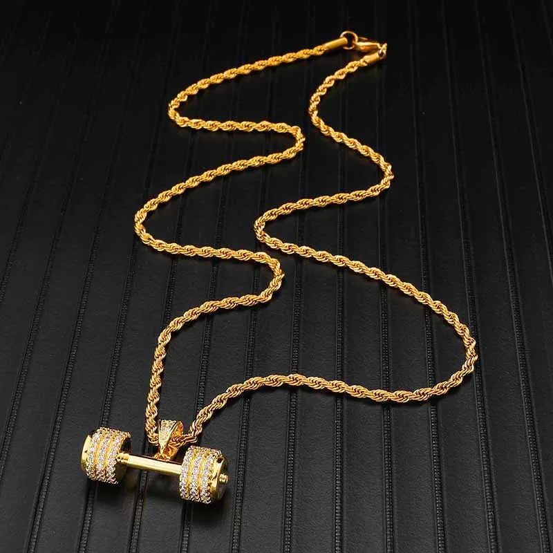 Hip Hop Iced Out Bling Rhinestone Rope Chain Barbell Gym Fitness Dumbbell Gold Color