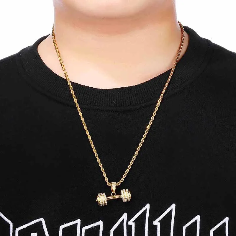 Hip Hop Iced Out Bling Rhinestone Rope Chain Barbell Gym Fitness Dumbbell Gold Color