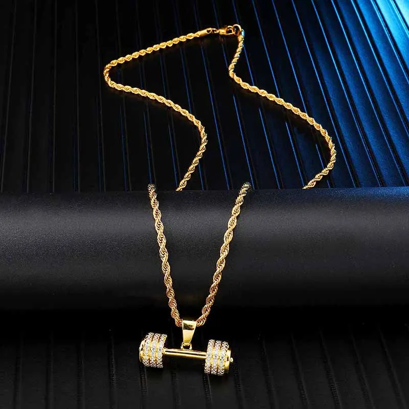 Hip Hop Iced Out Bling Rhinestone Rope Chain Barbell Gym Fitness Dumbbell Gold Color