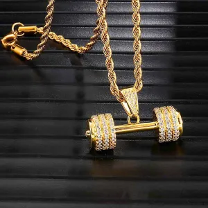 Hip Hop Iced Out Bling Rhinestone Rope Chain Barbell Gym Fitness Dumbbell Gold Color