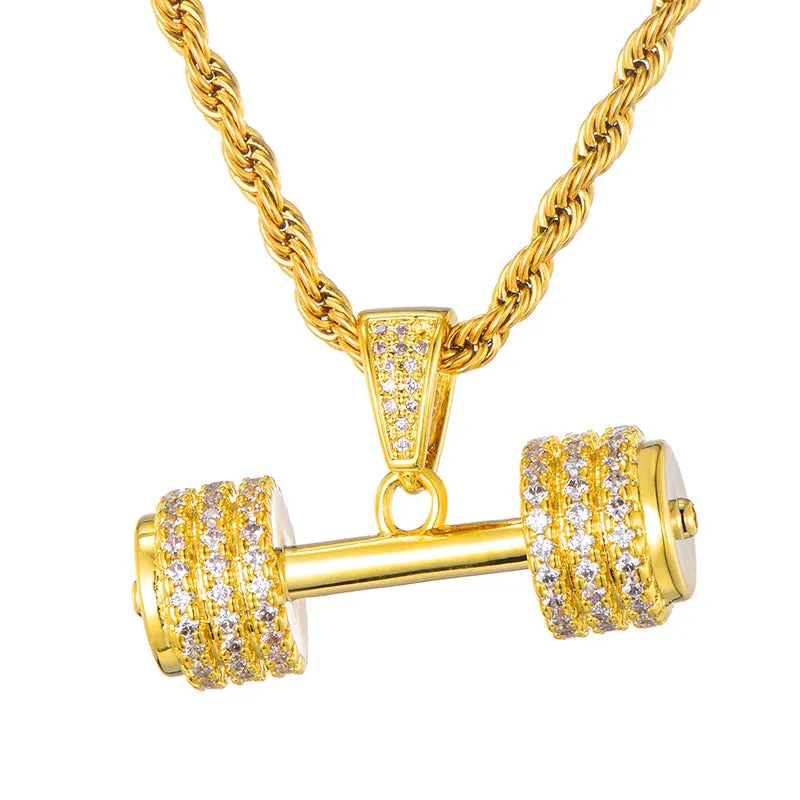 Hip Hop Iced Out Bling Rhinestone Rope Chain Barbell Gym Fitness Dumbbell Gold Color