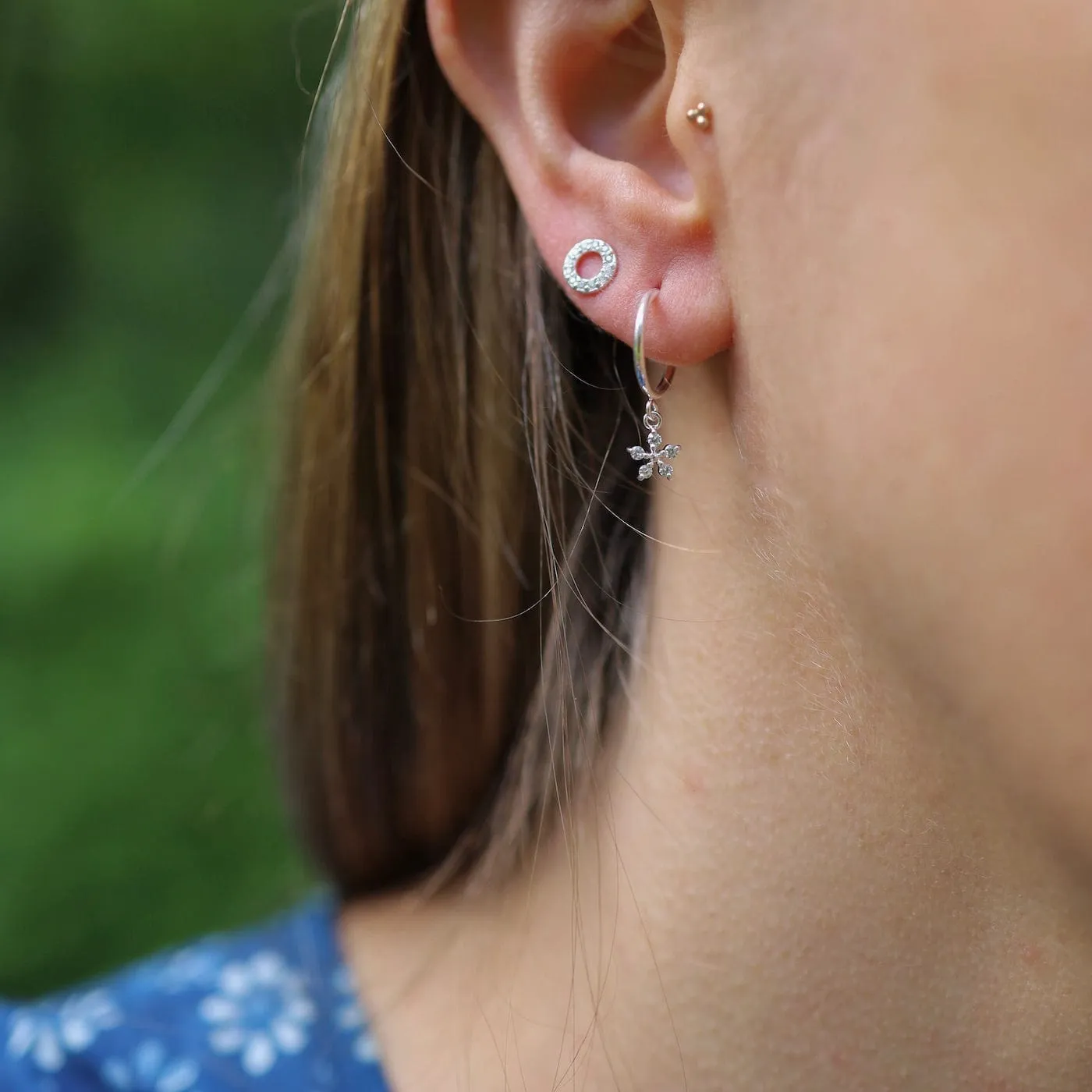 Hoop with Hanging CZ Flower - Sterling Silver