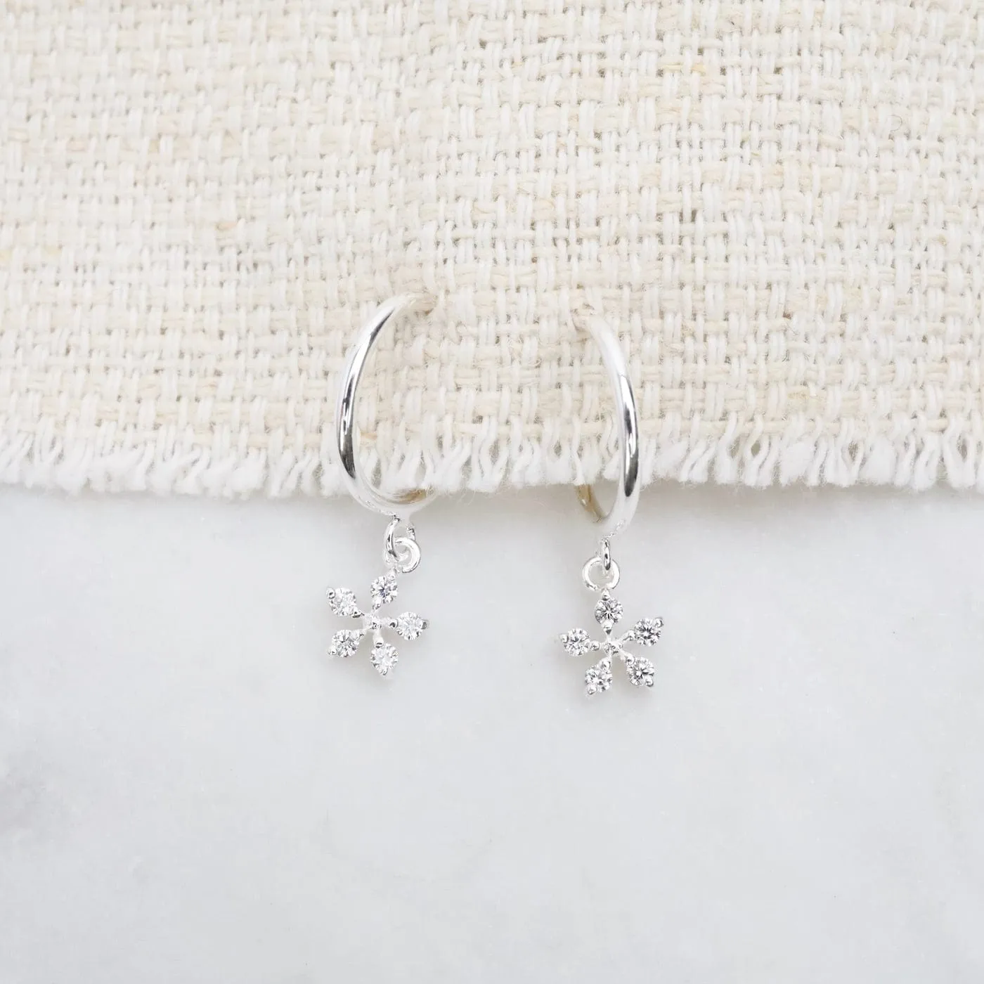 Hoop with Hanging CZ Flower - Sterling Silver