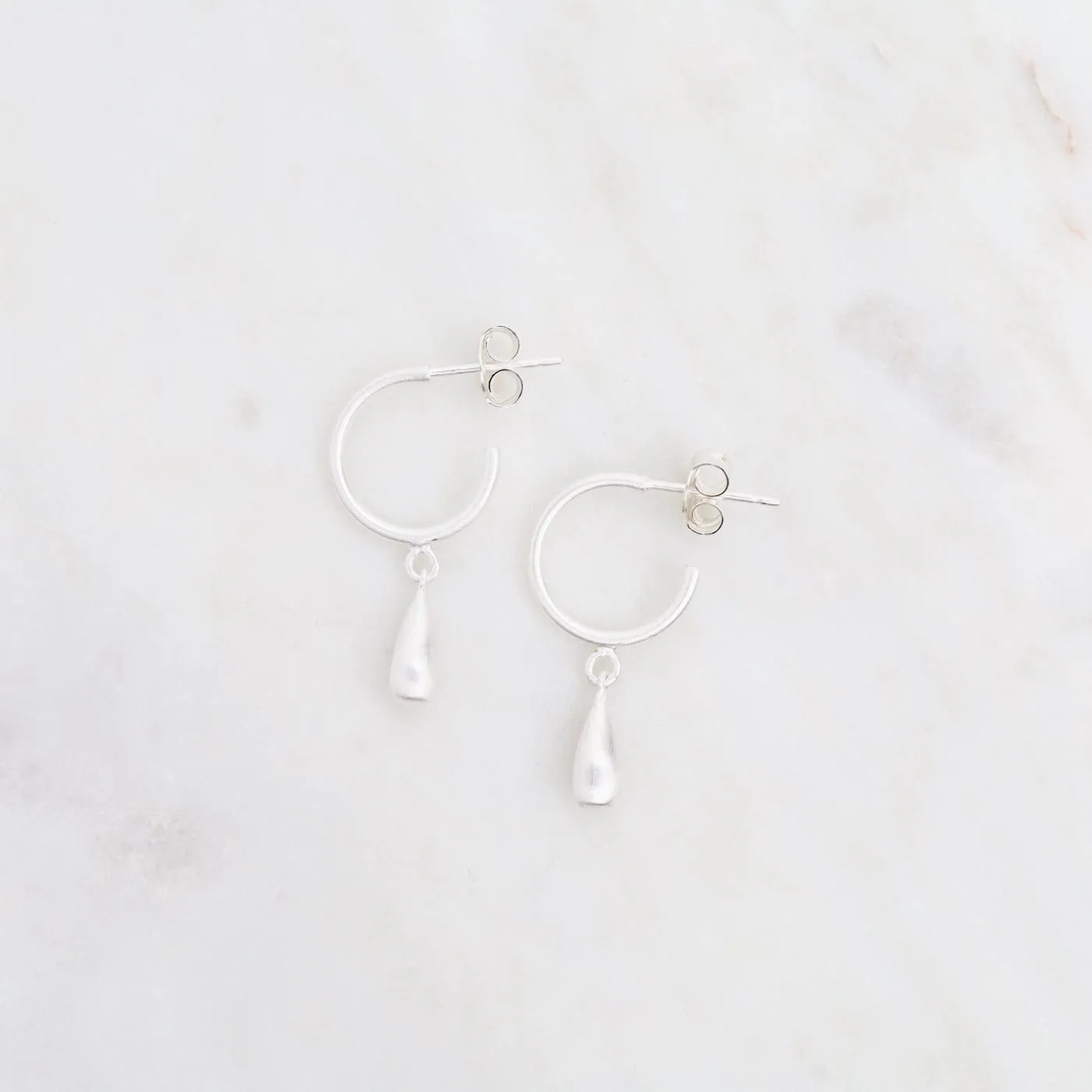 Hoops with Hanging Drop - Brushed Sterling Silver