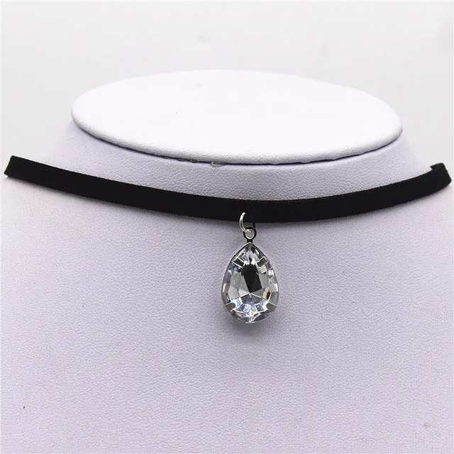 Hot New Torques Bijoux Plain Black Velvet Ribbon Water Drop Pendant Necklace Maxi Statement Chokers Necklace Women 2016 Jewelry