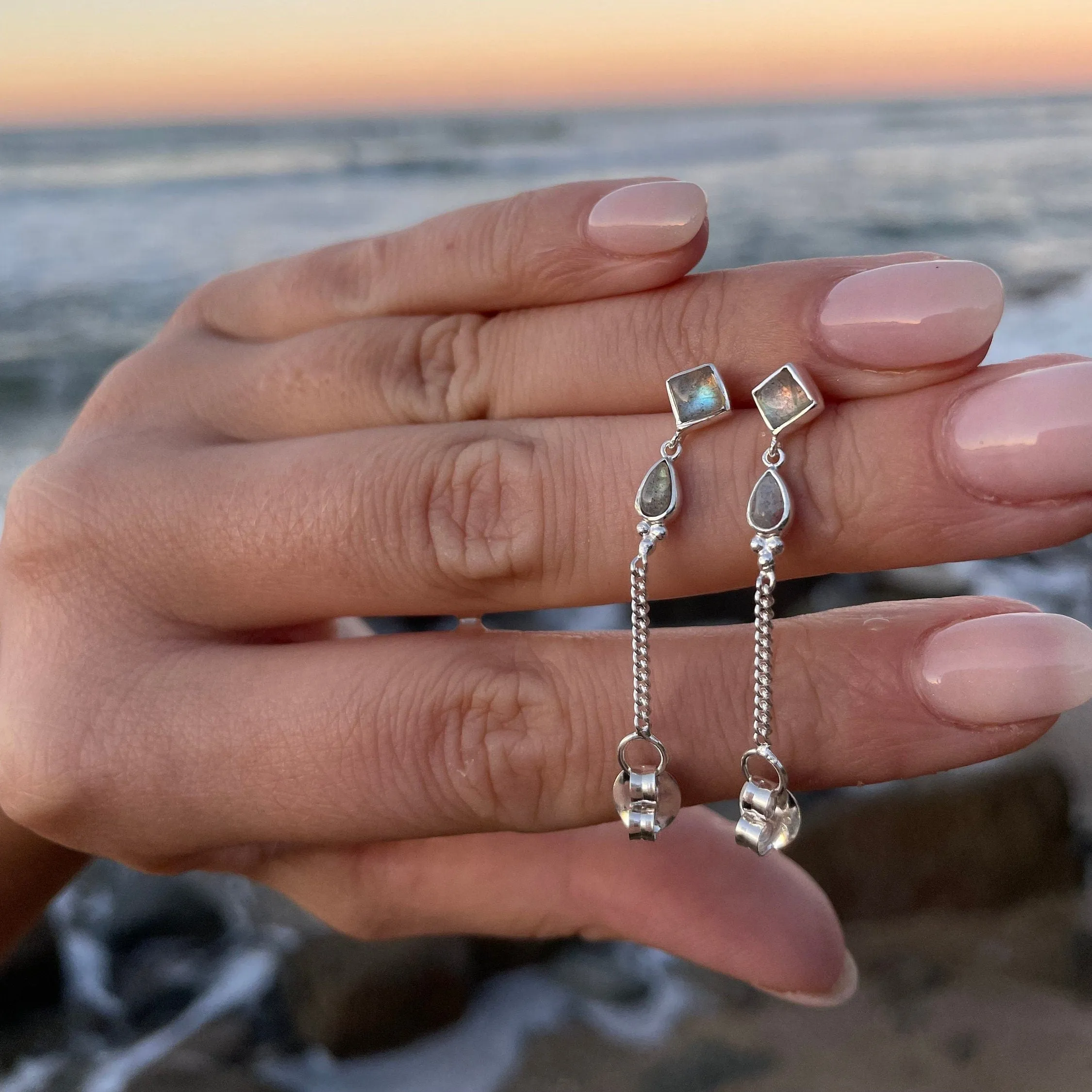 Kalani Silver Labradorite Front to Back Stud Earrings