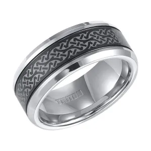 KENYON Beveled Tungsten Carbide Ring with Offset Grooves and Contemporary Laser Engraved Pattern on Black Tungsten Center  by Triton Rings - 9 mm