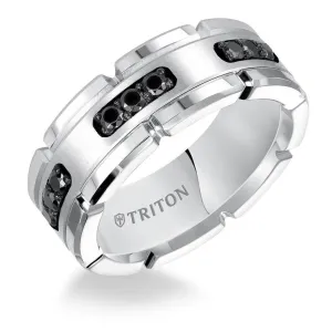 KENZO White Tungsten Ring with Silver Inlay & Black Diamonds by Triton Rings - 8mm