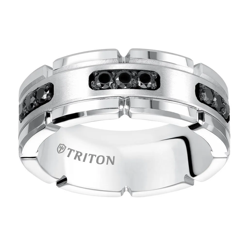 KENZO White Tungsten Ring with Silver Inlay & Black Diamonds by Triton Rings - 8mm