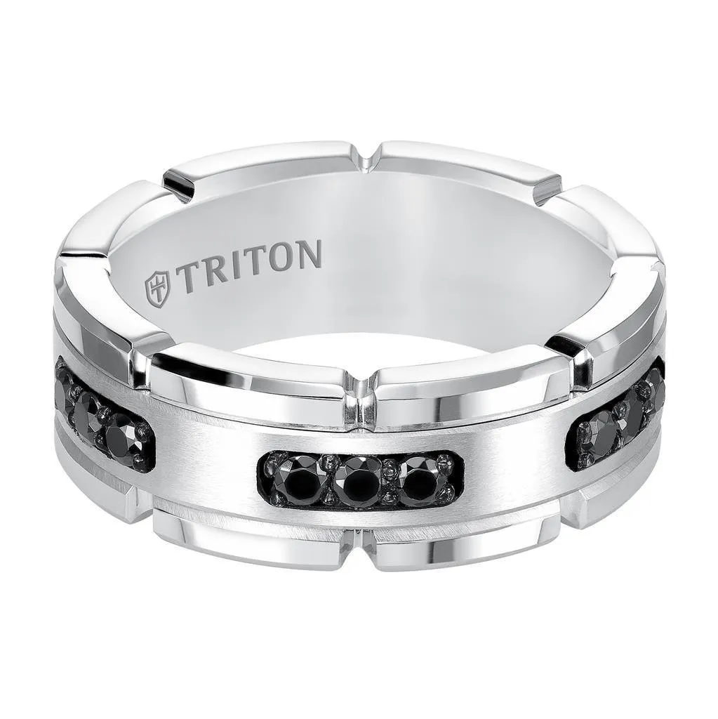 KENZO White Tungsten Ring with Silver Inlay & Black Diamonds by Triton Rings - 8mm