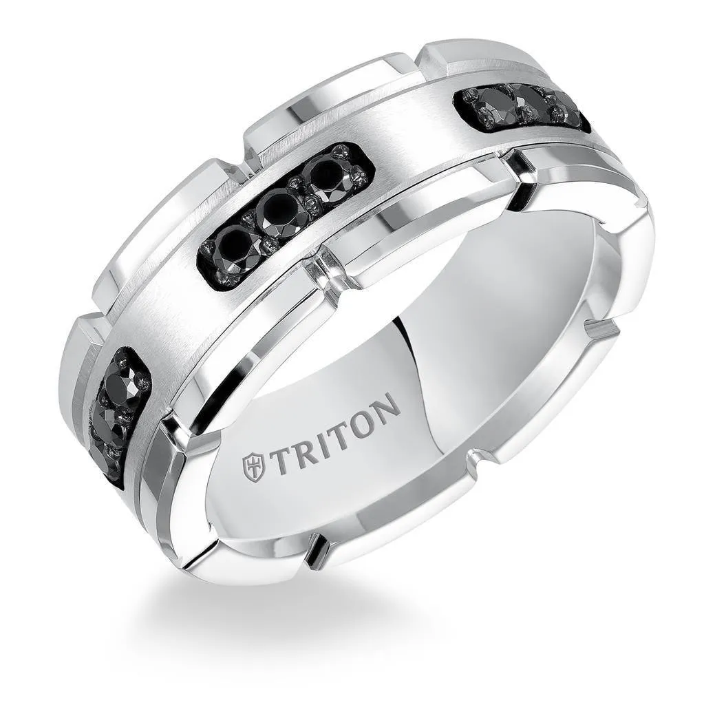 KENZO White Tungsten Ring with Silver Inlay & Black Diamonds by Triton Rings - 8mm
