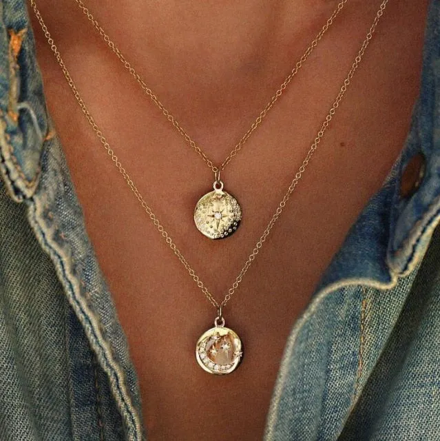 Kolye Bohemia Gold Silver Color Star Moon