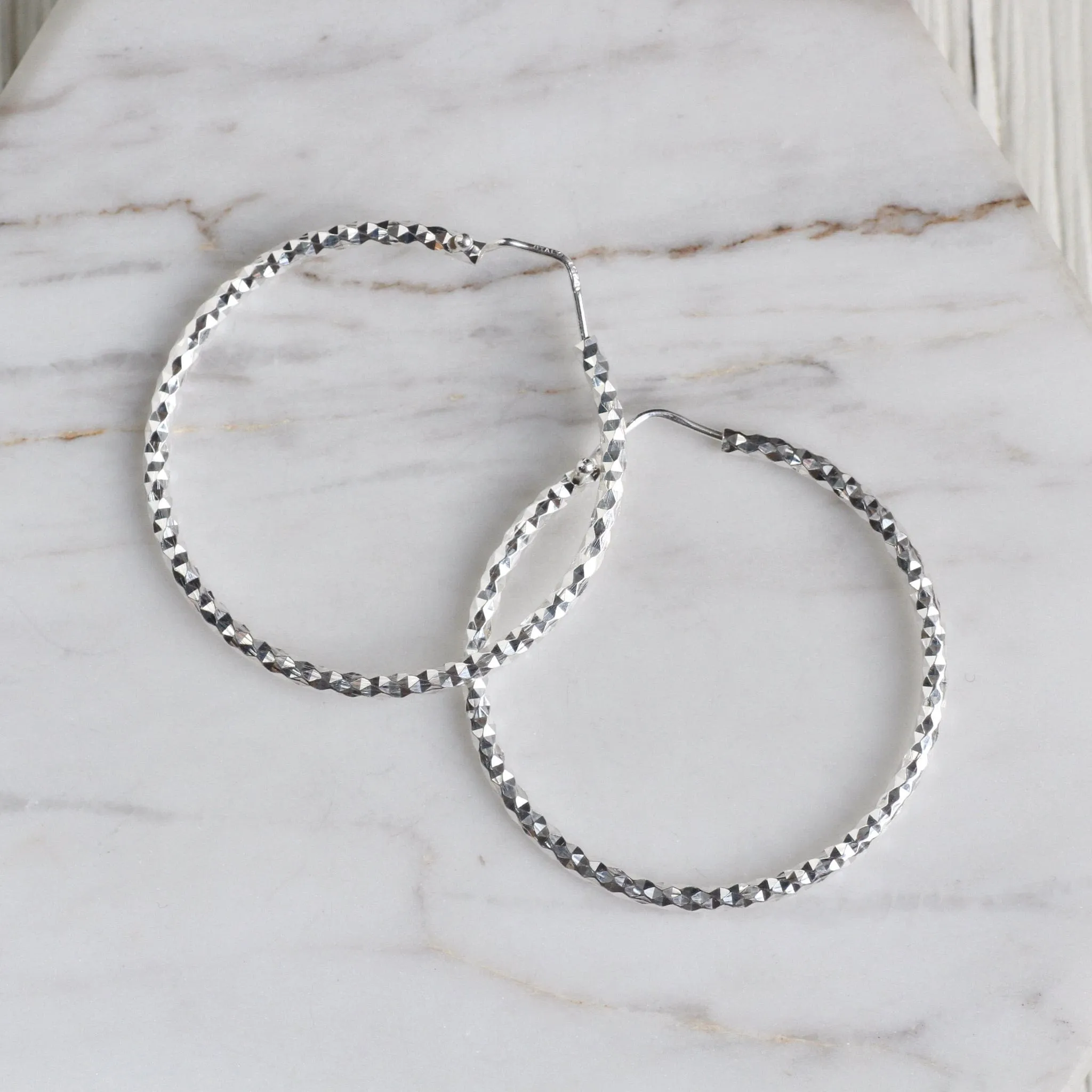 Large Sterling Silver Faceted Hoops