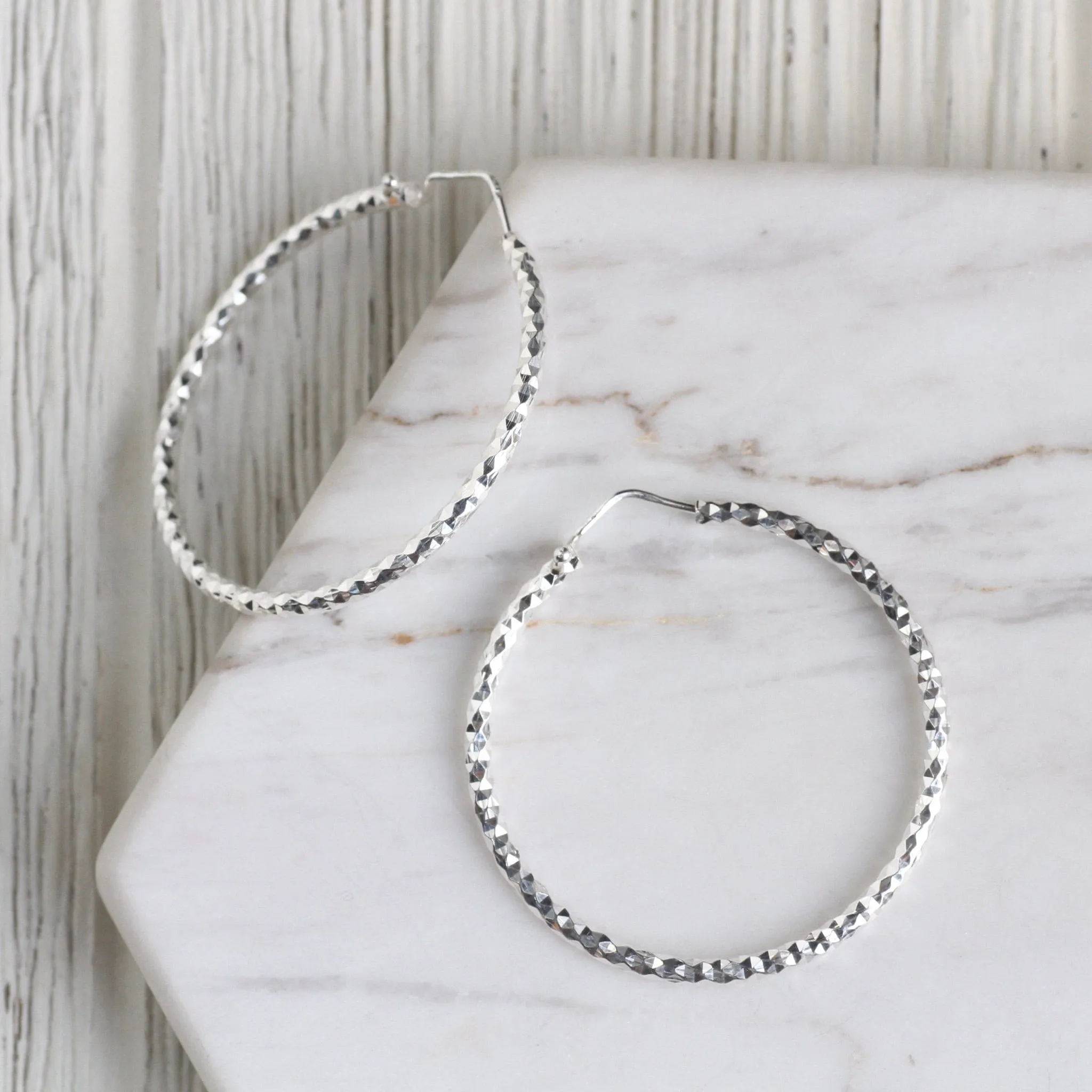 Large Sterling Silver Faceted Hoops