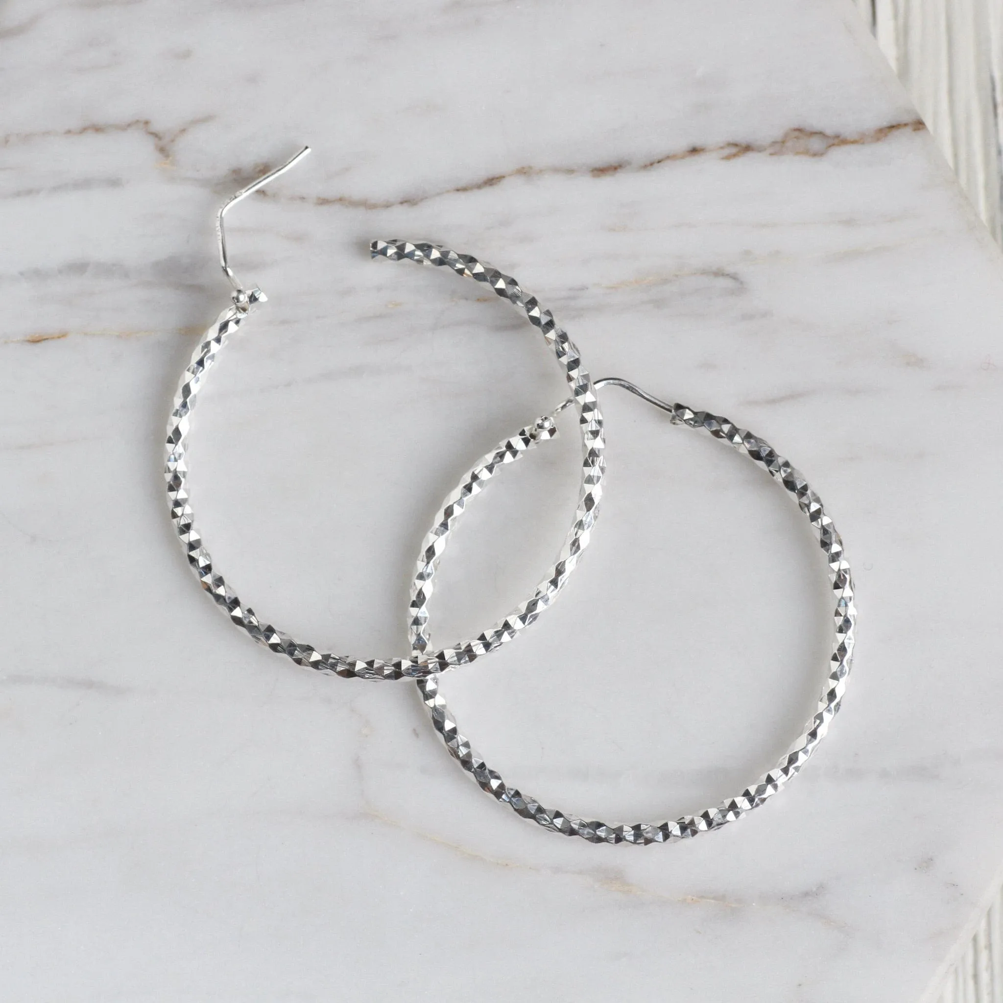 Large Sterling Silver Faceted Hoops
