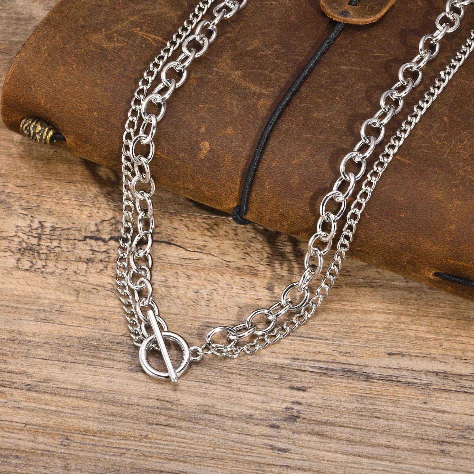 Layering OT Buckle Necklaces for Men Boys,Silver Color Cool Rolo O Chain Collar