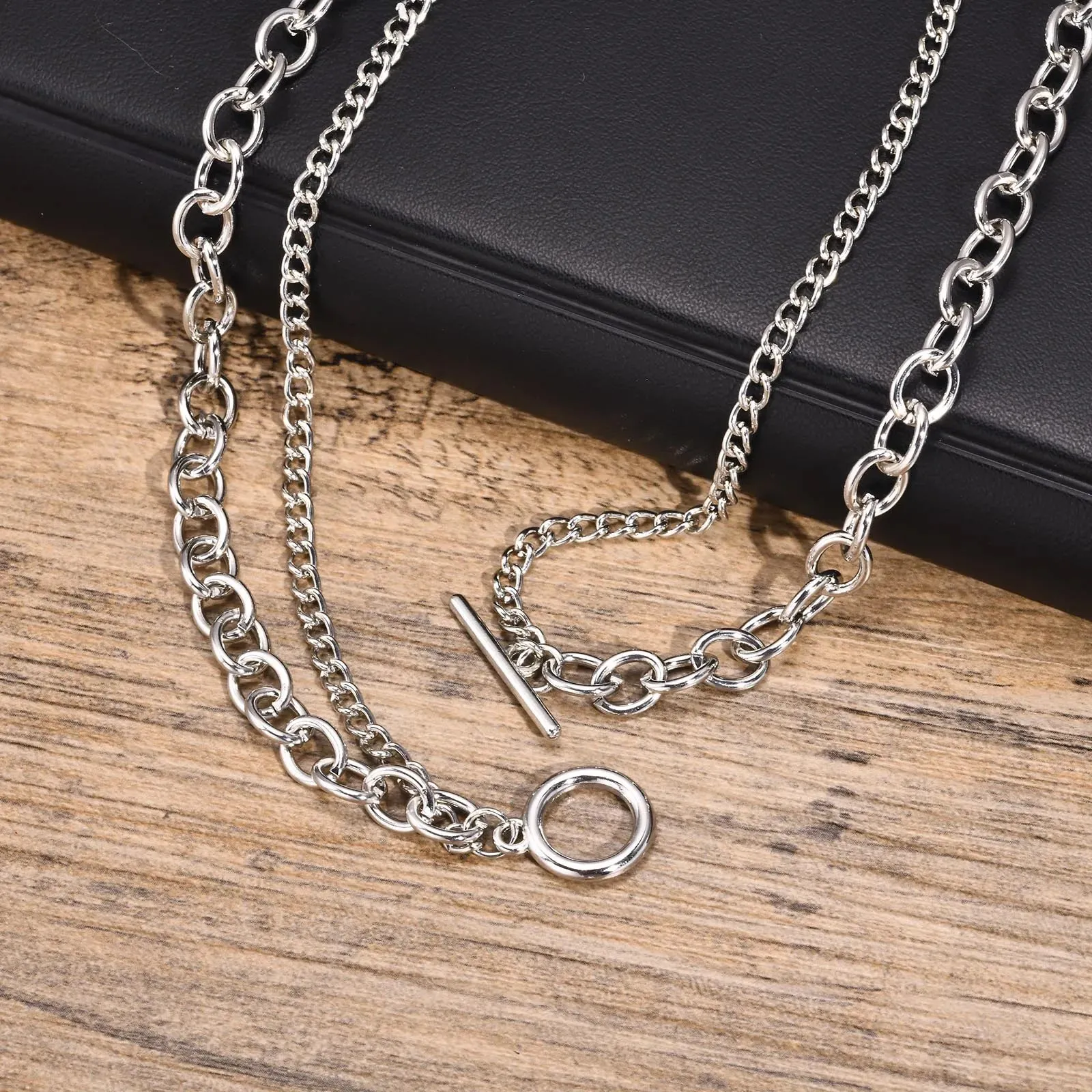 Layering OT Buckle Necklaces for Men Boys,Silver Color Cool Rolo O Chain Collar