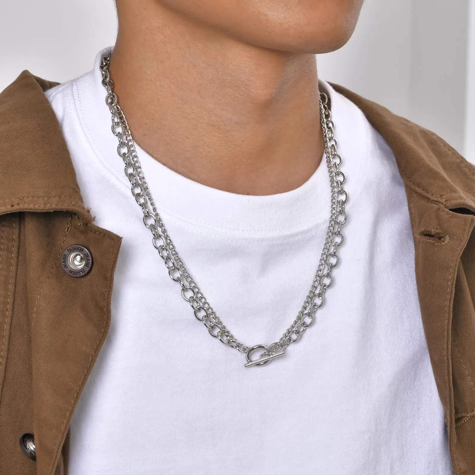 Layering OT Buckle Necklaces for Men Boys,Silver Color Cool Rolo O Chain Collar