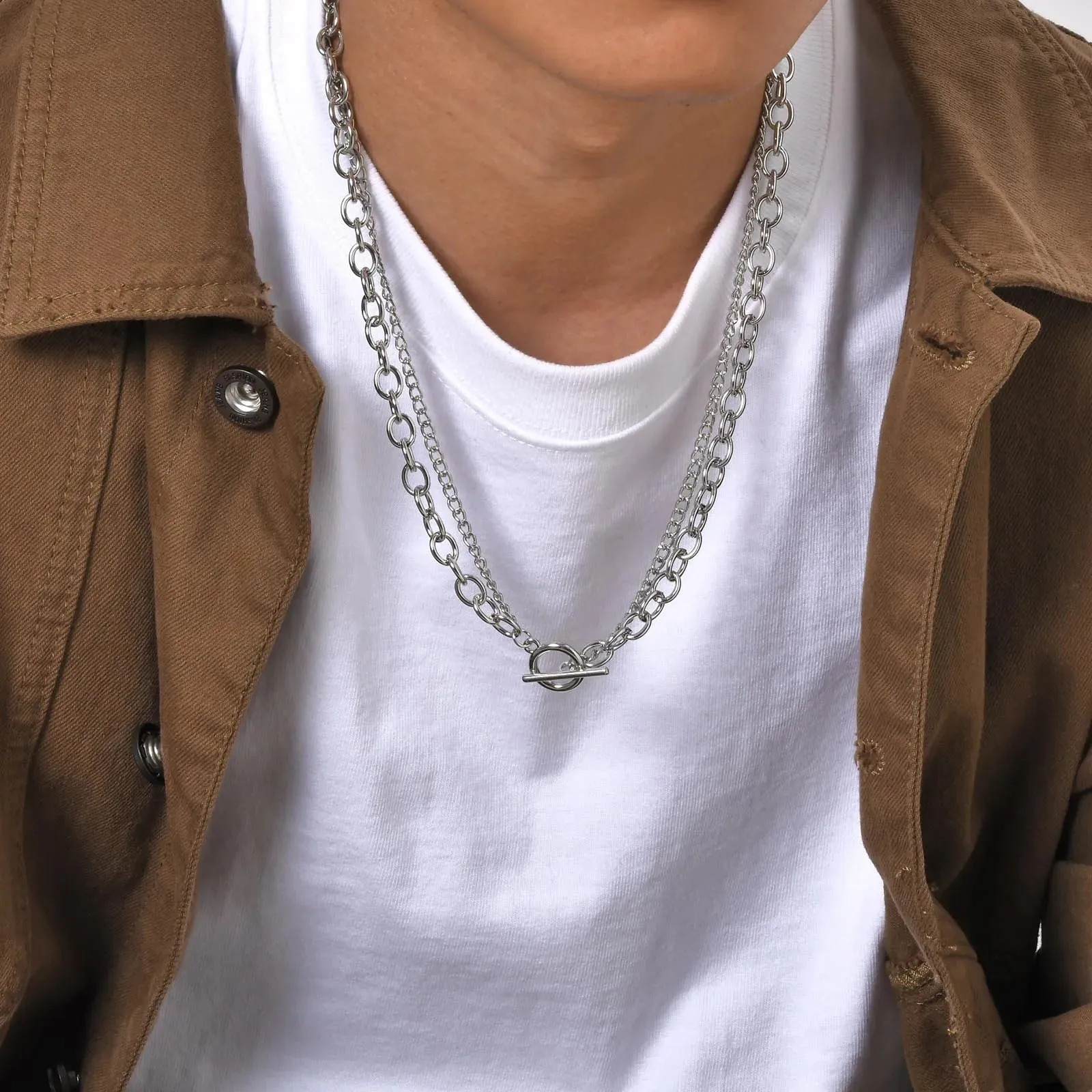 Layering OT Buckle Necklaces for Men Boys,Silver Color Cool Rolo O Chain Collar