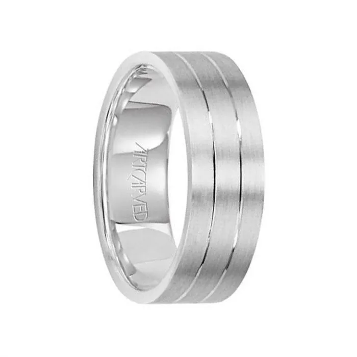 LOVE LIGHT 14k White Gold Wedding Band Dual Linear Grooved Center Brushed Finish Flat Edges by Artcarved - 7 mm