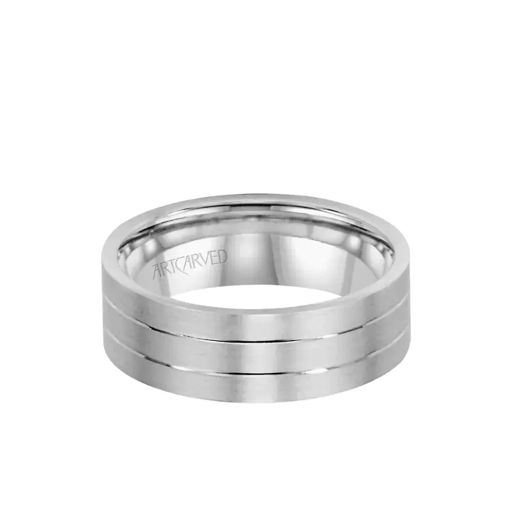 LOVE LIGHT 14k White Gold Wedding Band Dual Linear Grooved Center Brushed Finish Flat Edges by Artcarved - 7 mm