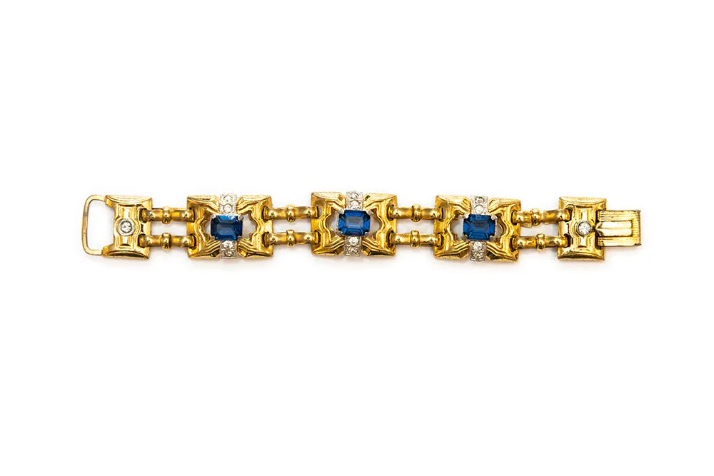 McCLELLAND BARCLAY Gold Plated with Blue and Clear Rhinestones Bracelet