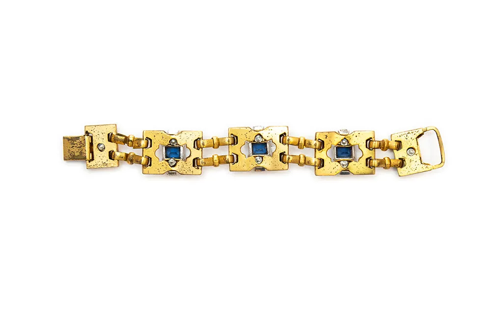 McCLELLAND BARCLAY Gold Plated with Blue and Clear Rhinestones Bracelet