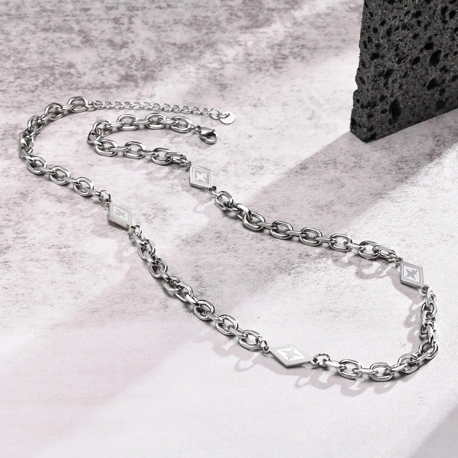 Men Link Chain Necklaces, Waterproof Stainless Steel Geometric Charms Rolo Choker Collar