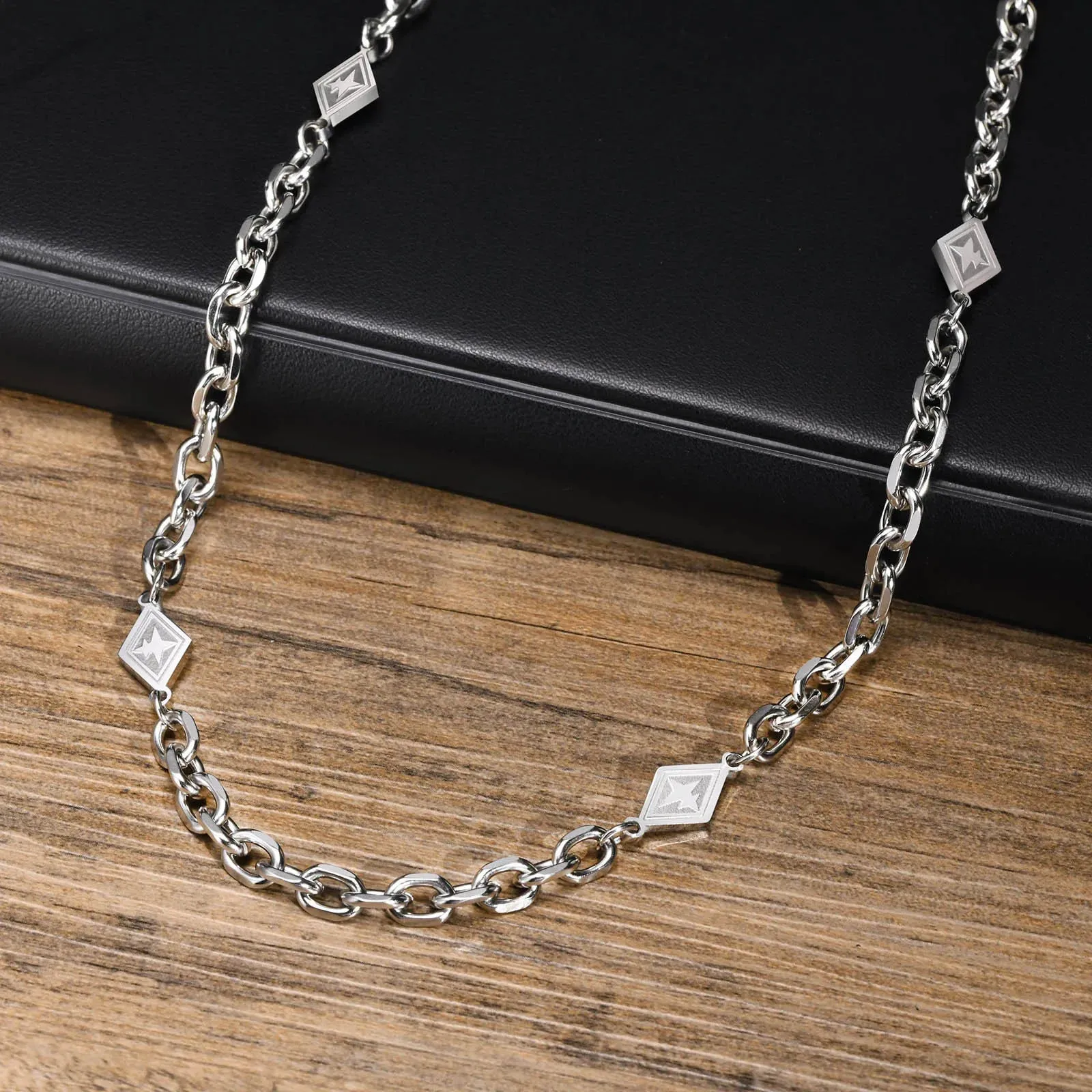 Men Link Chain Necklaces, Waterproof Stainless Steel Geometric Charms Rolo Choker Collar