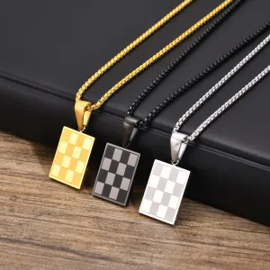 Men's Square Checkerboard Necklace,Waterproof Stainless Steel Checkered Geometric Pendant
