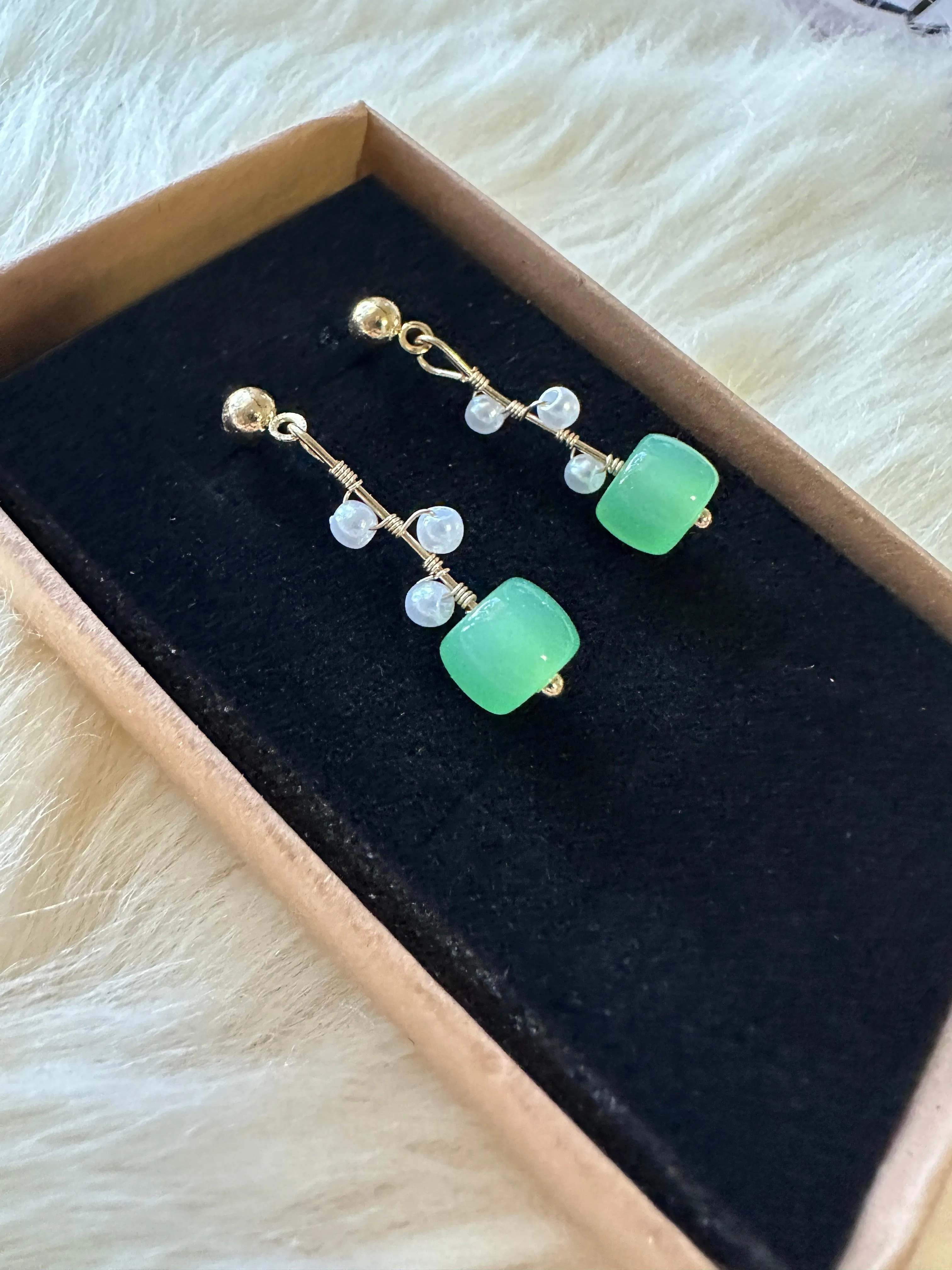 Minimalist - Gold statement earrings with pearl and stone |dangle pearl drop earrings | translucent green stone pearl drop earrings | Korean dangly beads earrings