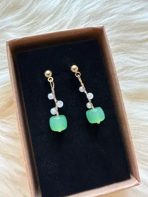 Minimalist - Gold statement earrings with pearl and stone |dangle pearl drop earrings | translucent green stone pearl drop earrings | Korean dangly beads earrings