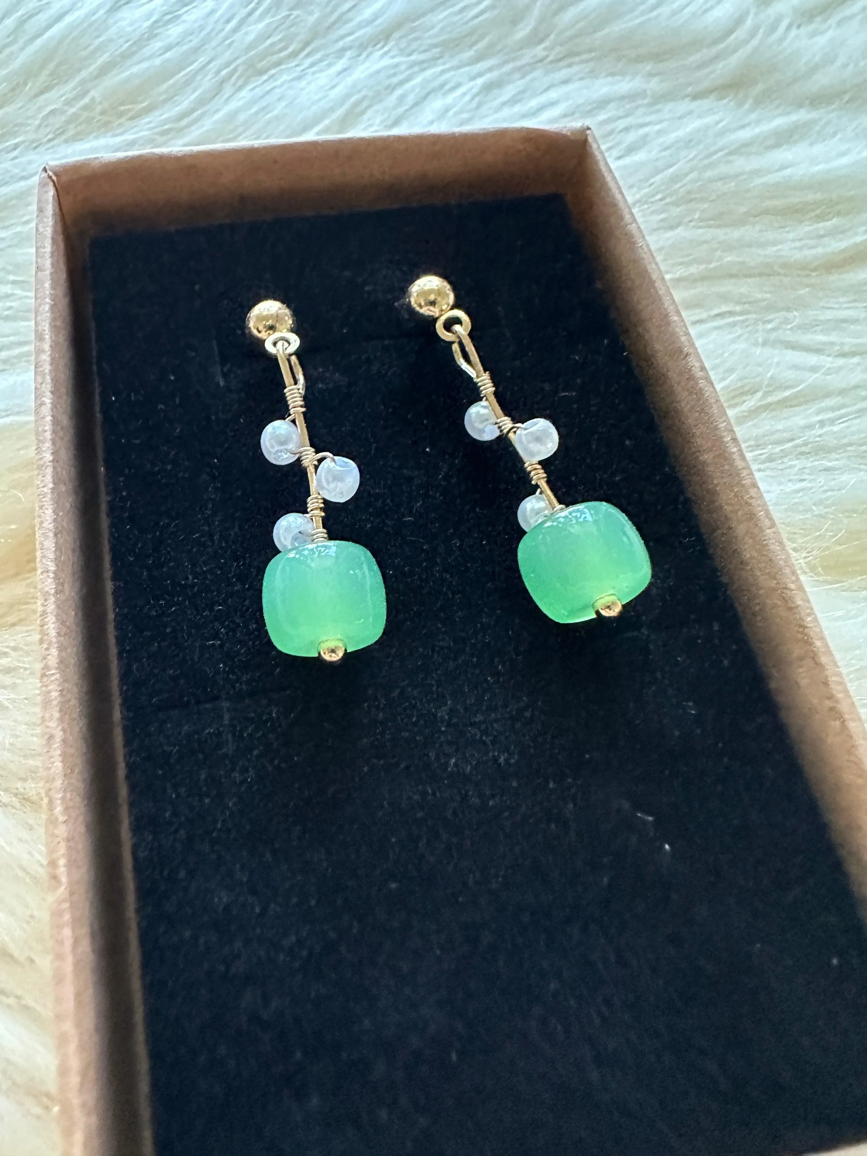 Minimalist - Gold statement earrings with pearl and stone |dangle pearl drop earrings | translucent green stone pearl drop earrings | Korean dangly beads earrings