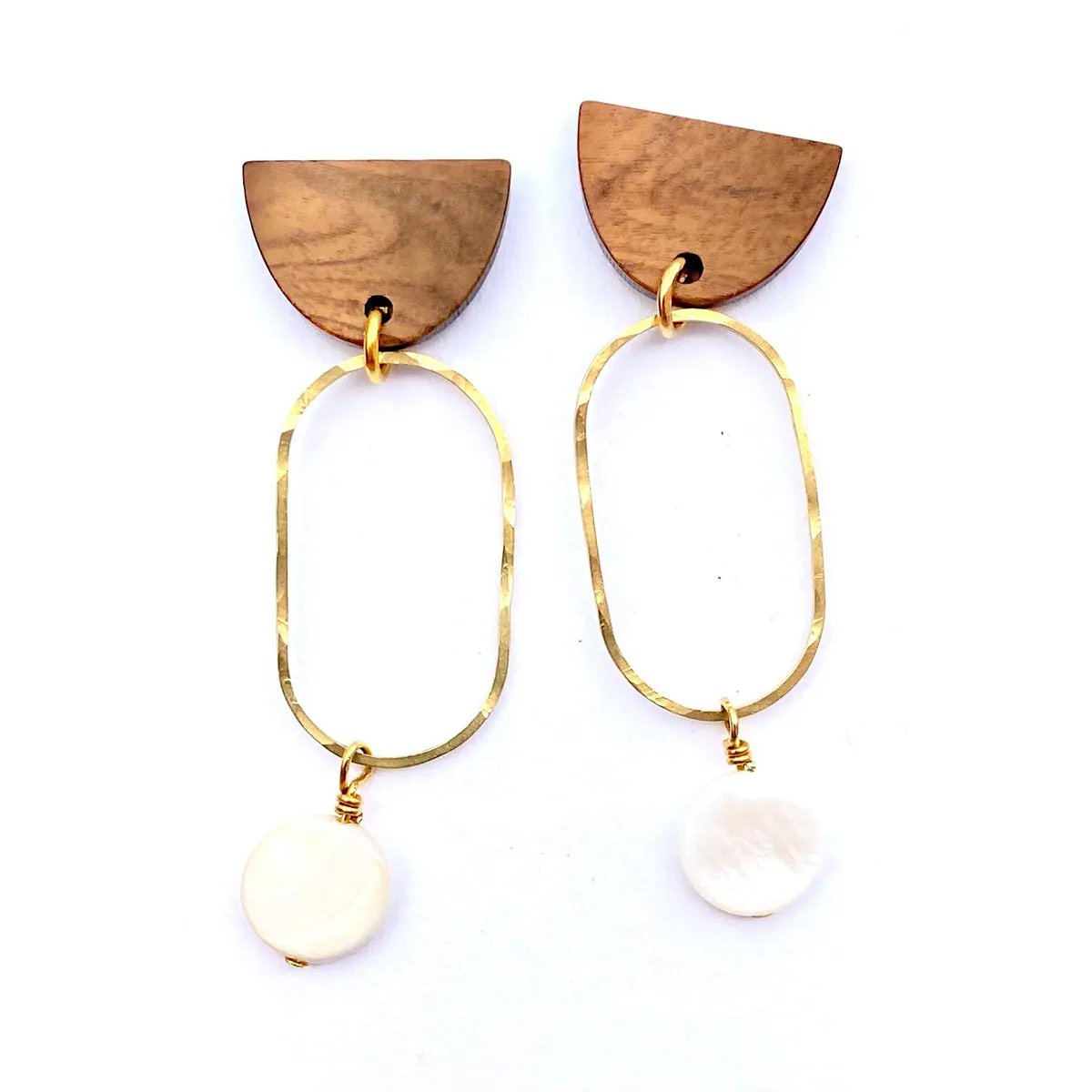 Modern hand hammered brass, wood & stone earrings