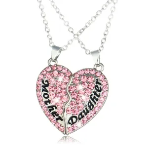 Mother Daughter Pink Crystal Heart Pendant Necklace Charm Rhinestone Mom Children Silver Chain Choker